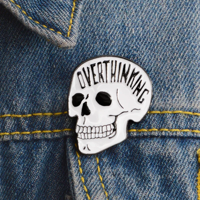 

Overthinking Skull Enamel Lapel Pins Button Badges Brooches Men Women Jewelry Accessories Gift for Bag Jeacket Hat