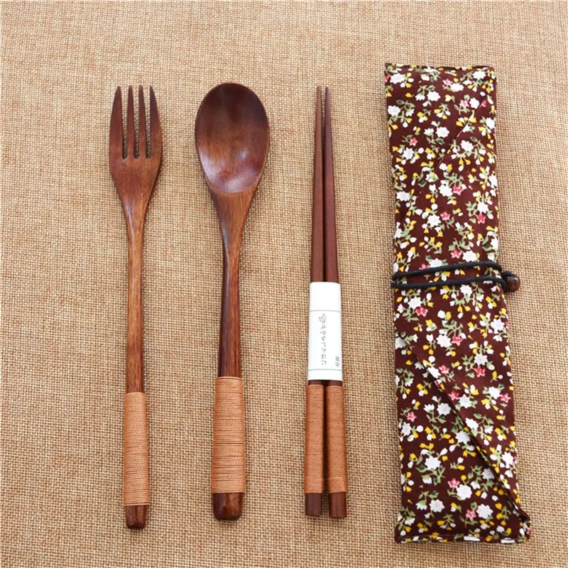 Wood Portable Tableware Travel Dinnerware Suit Wooden Cutlery Sets Environmental with Cloth Pack Gift