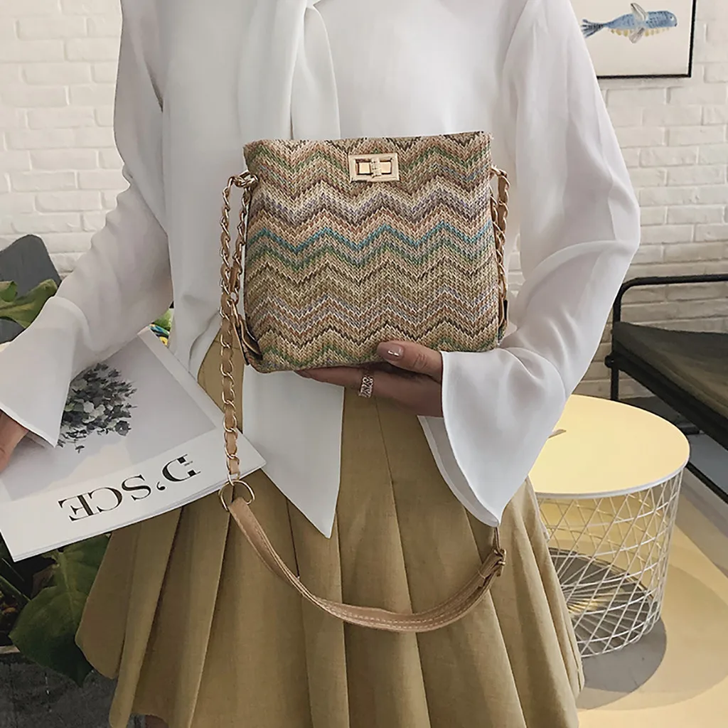 

Women's Shoulder Bag Straw Multi-function Messenger Bag Fashion One Shoulder Small Square Bag Wave Pattern Clutch Bag#PY