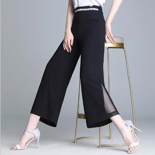 

Plus Size Elegant Black Hollowed Out Wide Leg Pants Women 2019 Spring High Waist Solid Trousers Ladies Elastic Waist Pants