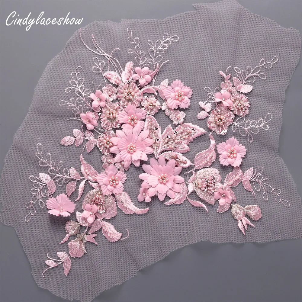Bridal 3D Flowers Beaded Lace Applique Sequins Embroidered Pink Lace