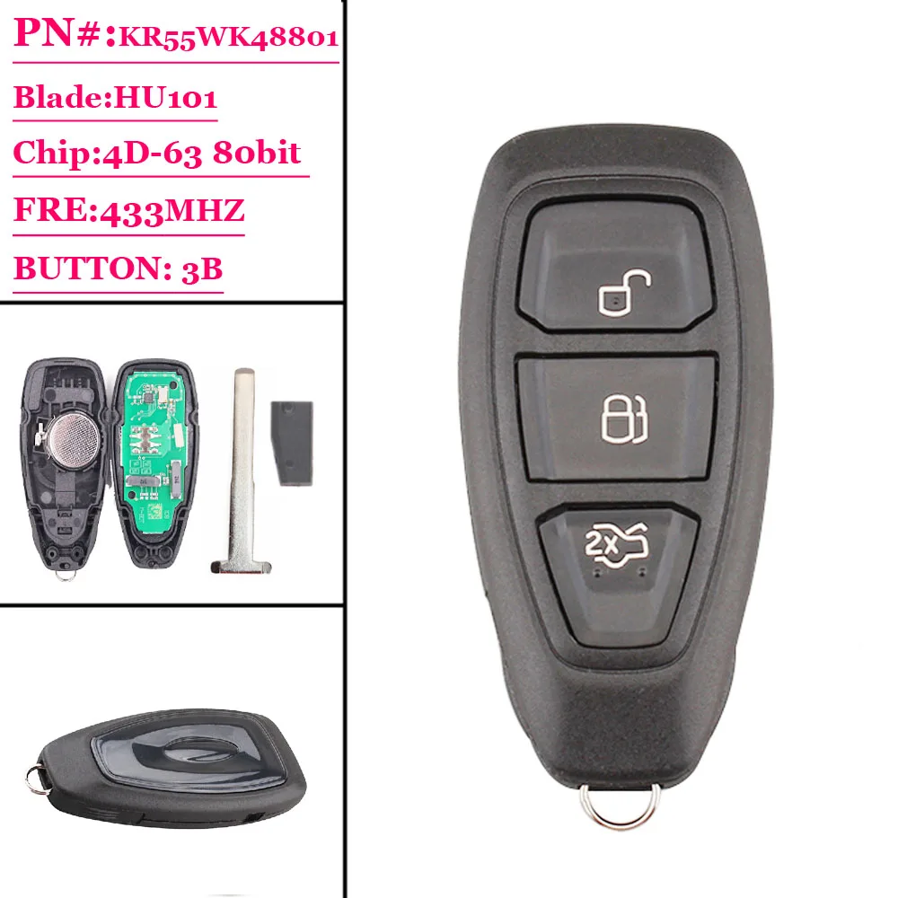 1 шт. 3 кнопки Smart key KR55WK48801 433 МГц для Ford Focus Fiesta Kuga 2011 2012 2013