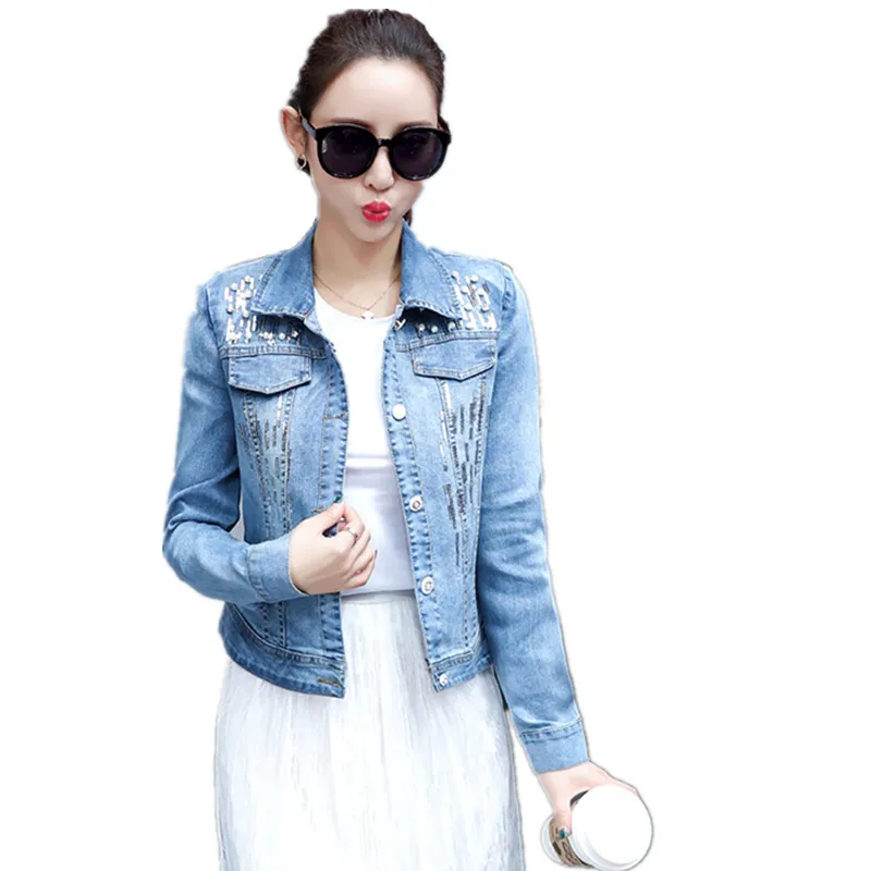 

2017 Autumn New Ladies Slim Demin Jacket Long Sleeves Jeans Jacket With Beading Sequins Short Coat Female