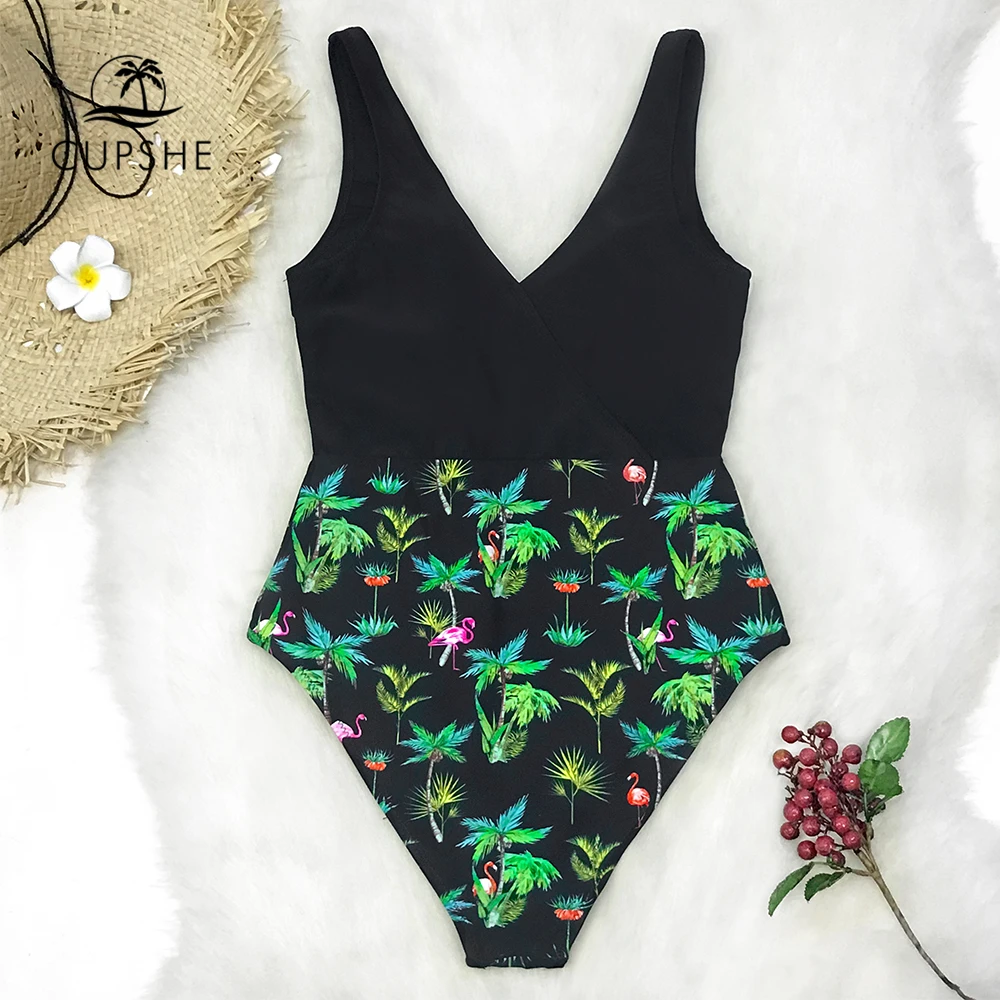 Günstige CUPSHE Palm und Flamingo Print Einteiliges Badeanzug Frauen Sexy Monokini Badeanzüge 2020 Mädchen Strand Bademode