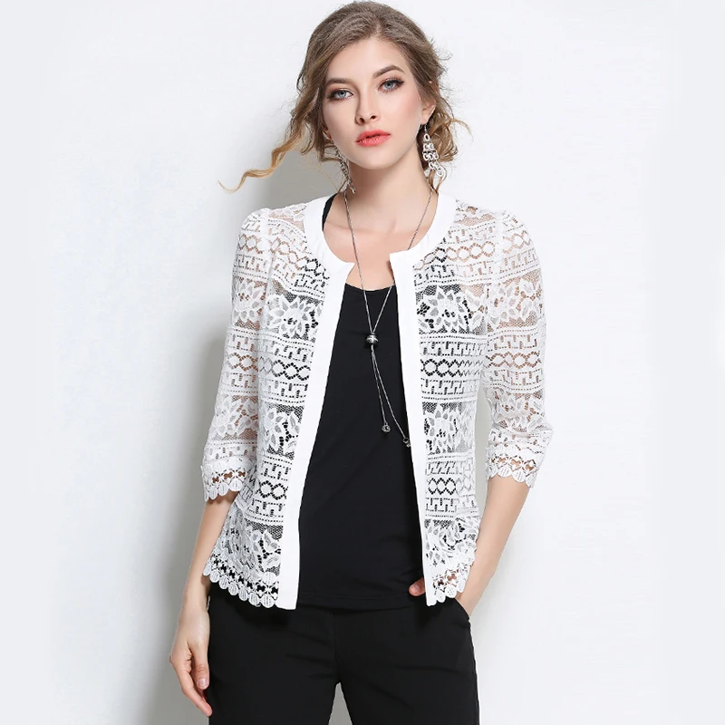 Black White Hollow Out Slim Solid Lace Shirt Jacket in Coats & Jackets