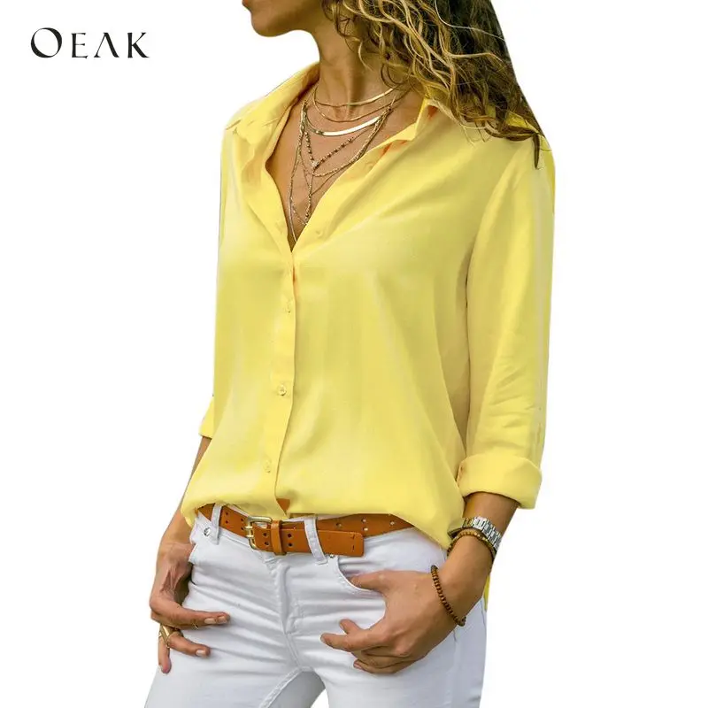 

OEAK Women Tops Blouses 2018 Autumn Elegant Long Sleeve V-Neck Chiffon Blouse Female Work Wear Shirts Blusas Plus Size Camisa