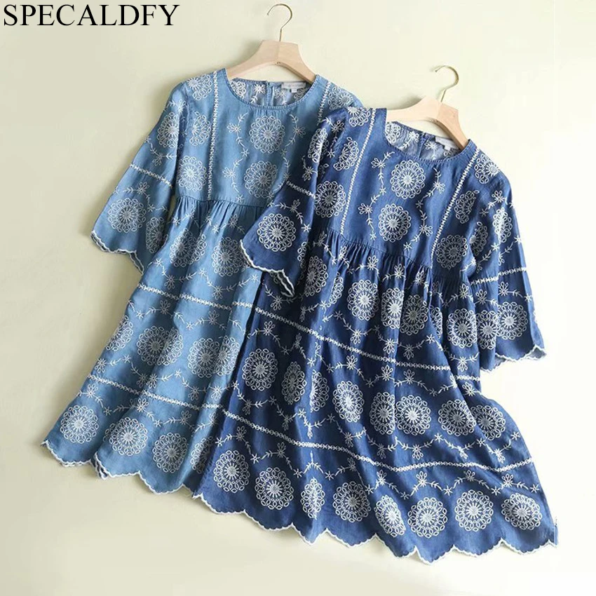 

2019 Summer Dress Women Short Sleeve Vintage Floral Embroidery Dress Bohemian Tencel Denim Shirt Dresses Plus Size Robe Femme