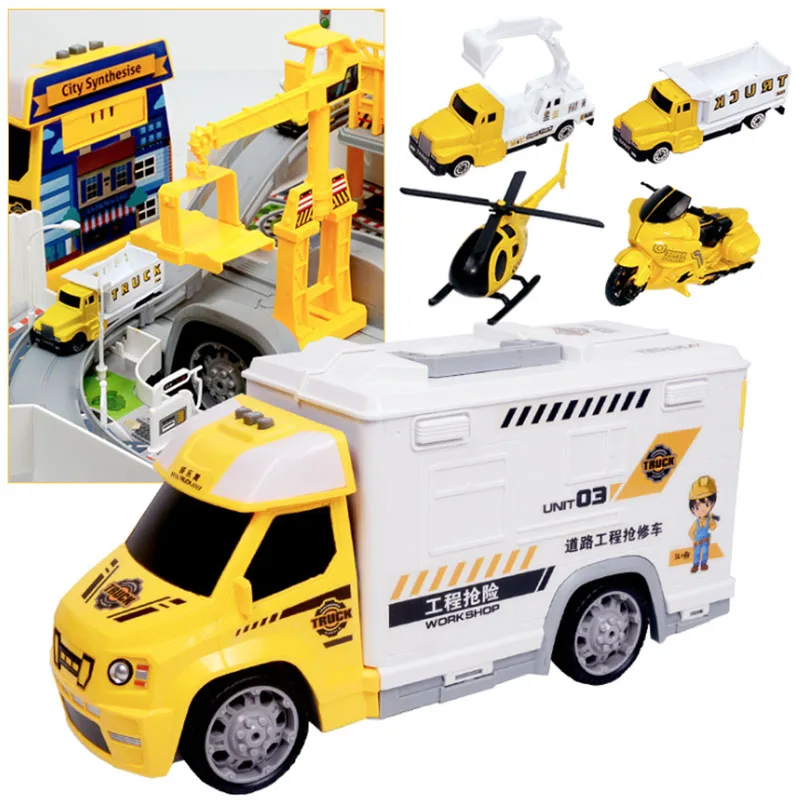 Deformable fire police racing container truck parking alloy track car electric boy Children's educational toys Deformable fire police racing container truck parking alloy track car electric boy Children's educational toys