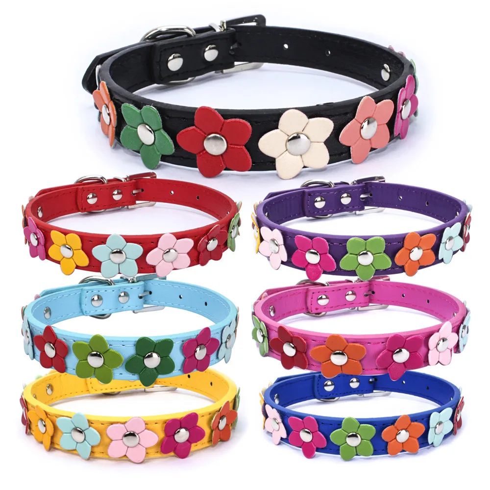

Fashion Sweet Flower Adjustable Studded Puppy Pet Dog Cat Collar PU Leather Buckle Neck Strap Small Dog Cats Collars