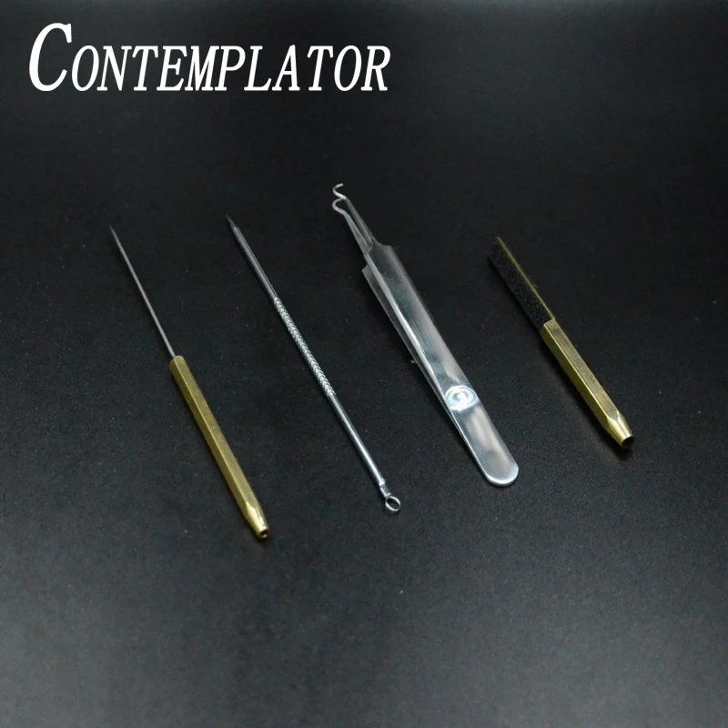 

CONTEMPLATOR 4pcs fly tying dubbing tools combo bodkin/needle/hook tweezer/flat dubbing teaser hackle feather/fiber kits suit