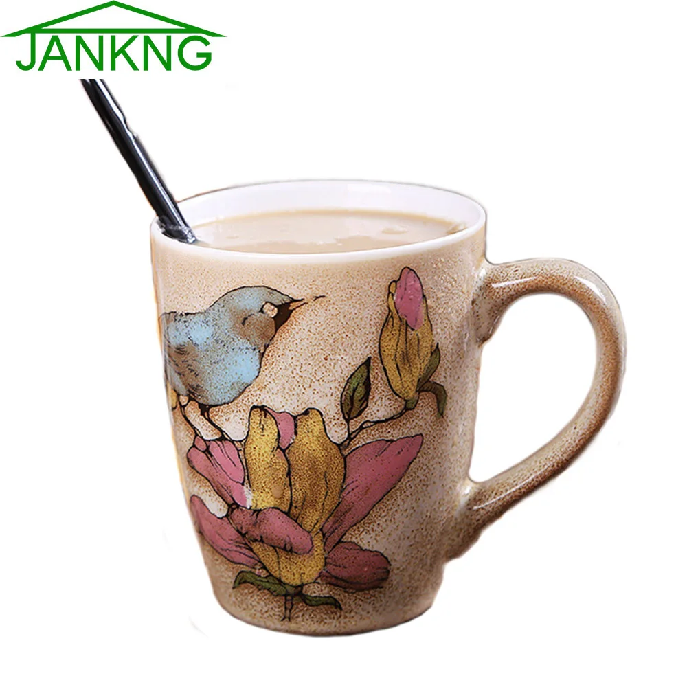 JANKNG 380 мл Kawaii керамические кофейные кружки чашка птица цветок окрашенная