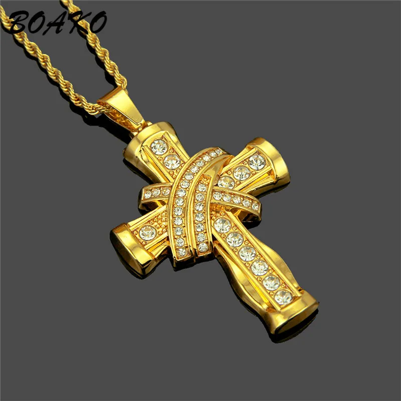 

BOAKO Vintage Cross Statement Necklace Gold Color Geometric Crystal Necklaces & Pendants Men Women Hip Hop Punk Jewelry Collares