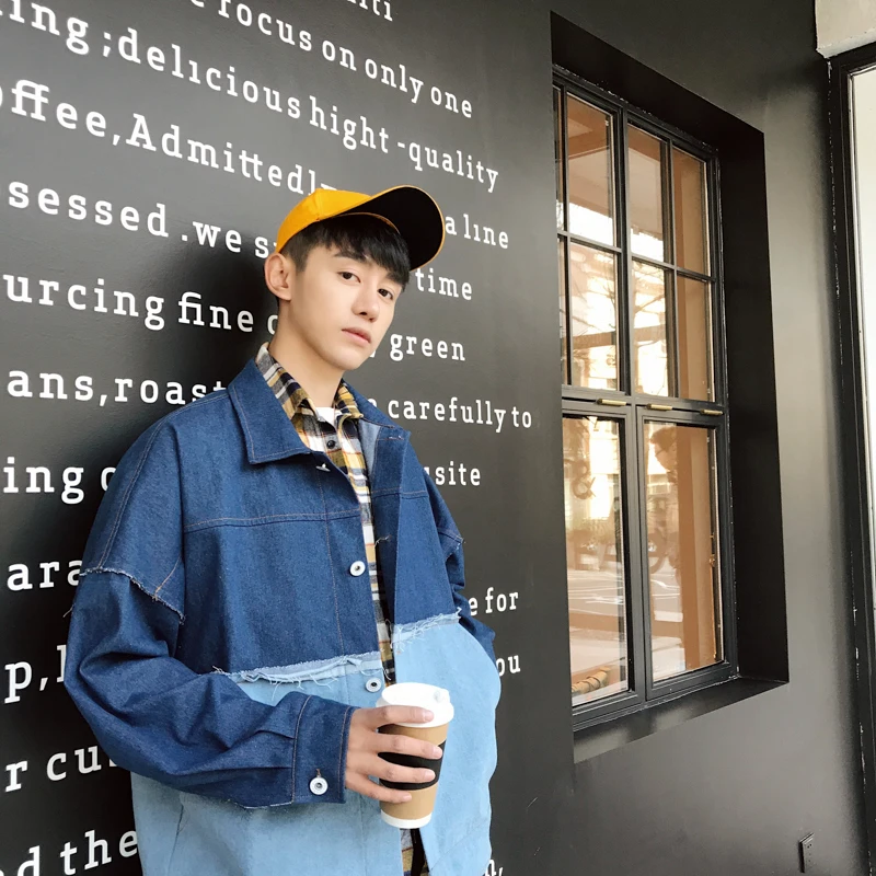 2018 New Men's Casual Bomber Streetwear Denim Jacket Male Spelling Color Cowboy Outerwear Loose Clothes Hip Hop Style Coats 2XL