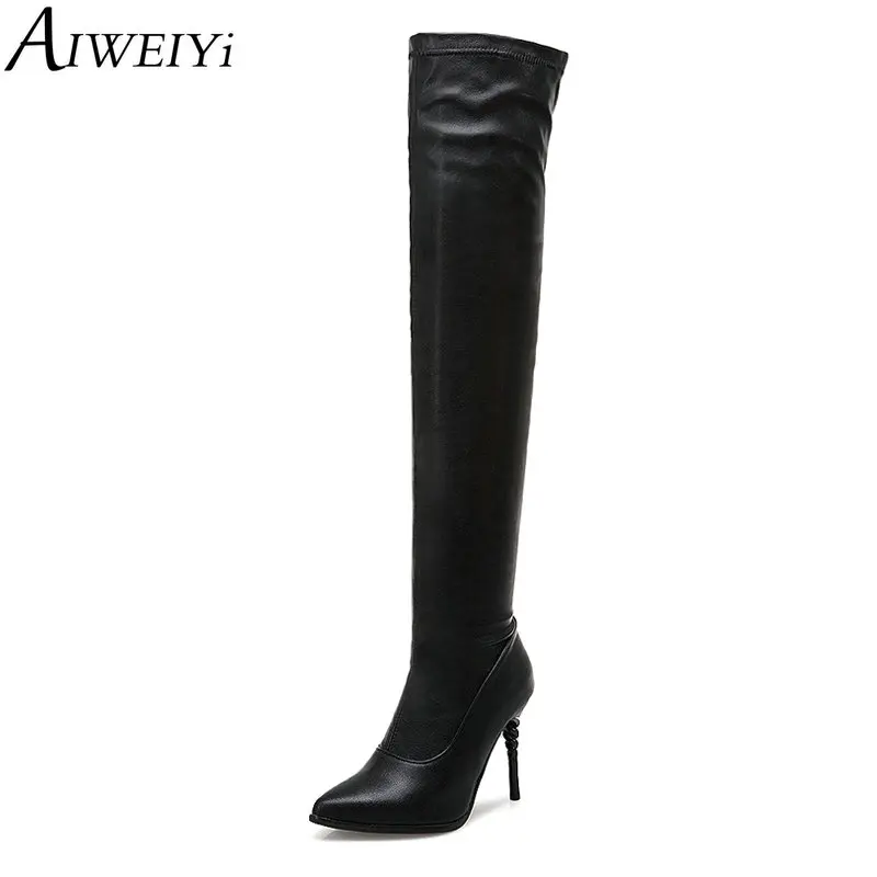 

AIWEIYi Pointed toe Over the Knee Boots for Women Black Thin High Heels Slim Boots Pull On Thigh High Boots Warm Winter Boots