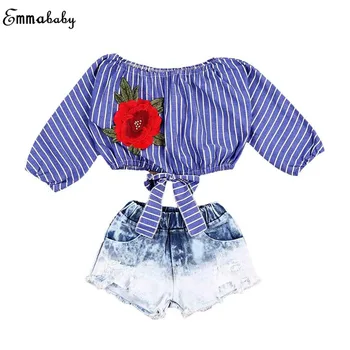 

Fashion Newborn Toddler Kids Girl Long Sleeve Striped Embroidery Rose Flower Crop Tops Blusa Denim Shorts 2PCS Kids Clothes Set
