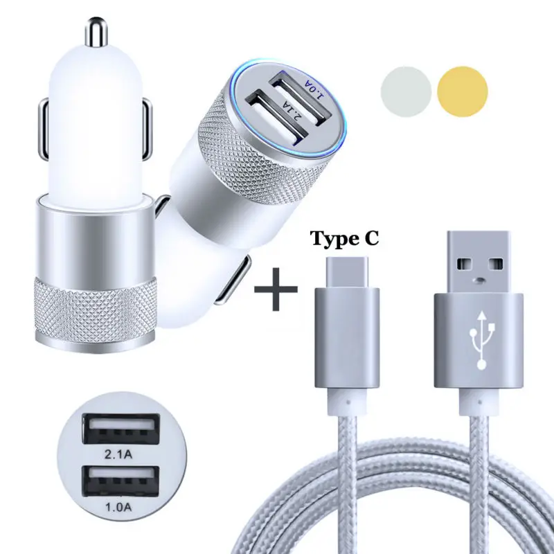 Автомобильное зарядное устройство с двумя USB-портами и Type-C USB 3 1 кабель для
