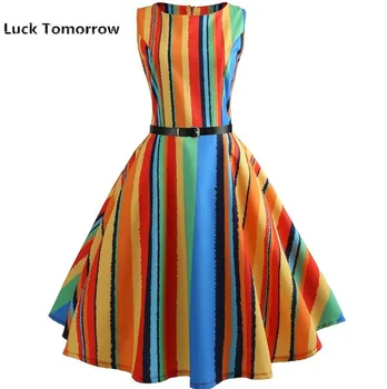 

2019 Rainbow Stripes Fashion Summer Dress Women Party Midi Dresses Elegant Casual Office Dress Rockabilly Big Swing Clothes