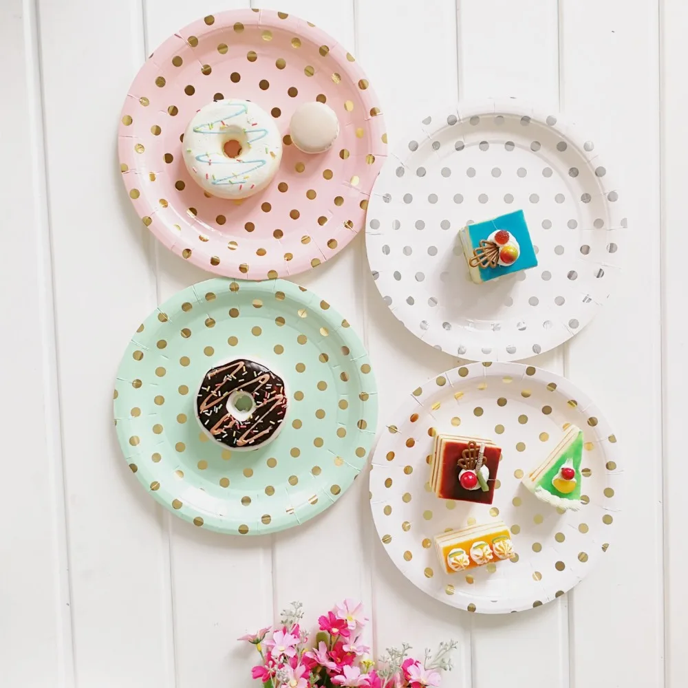 

Disposable Plates Straw Mint Green Pink Gold Foil Dot 7"9" Paper Plate Theme Festival For Baby Shower Wedding Party Supplies