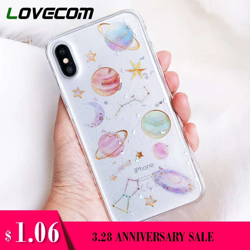 LOVECOM Epoxy Phone Case For iPhone XS XR XS Max X 5 5S 6 6S 7 8 Plus X Planet Star Transparent TPU Phone Back Cover Cases New!