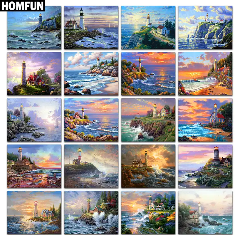Алмазная живопись HOMFUN картина Морской Маяк из квадратных/круглых страз вышивка