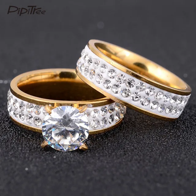 2pcsset2017 new fashion gold color stainless steel wedding ring set cz crystal - Stainless Steel Wedding Ring Sets 2pcsset2017 new fashion gold color stainless steel wedding ring set cz crystal - Stainless Steel Wedding Ring Sets