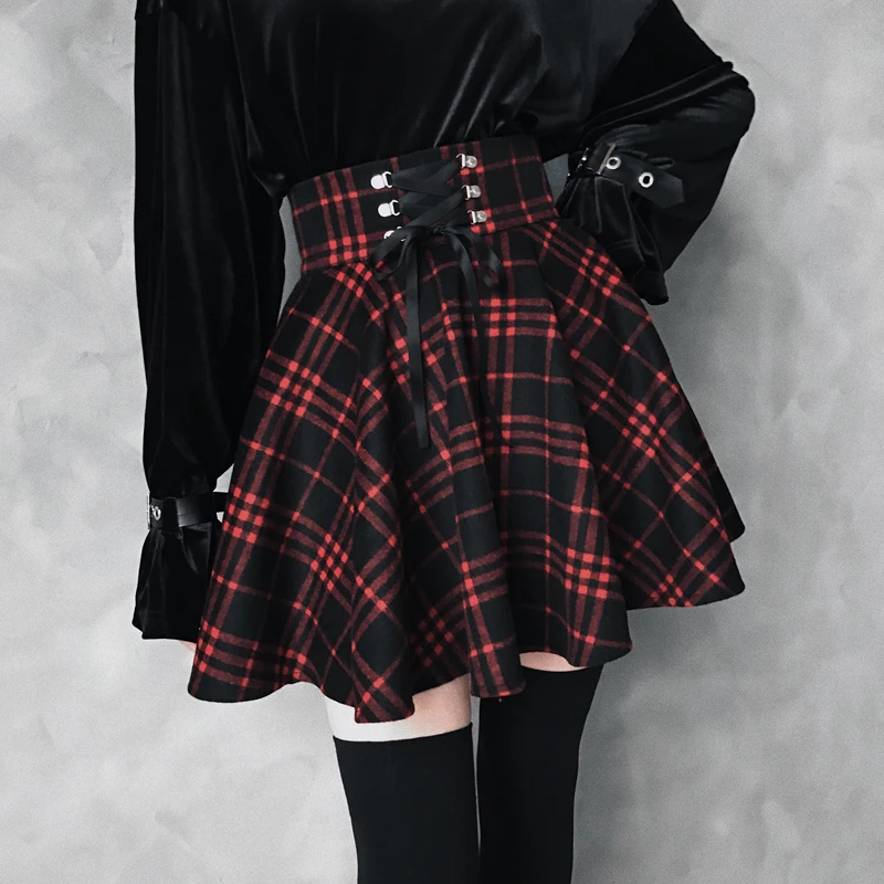 2018 Winter Gothic Wool Red Plaid Skirt Women Fat MM Darkness Girl High