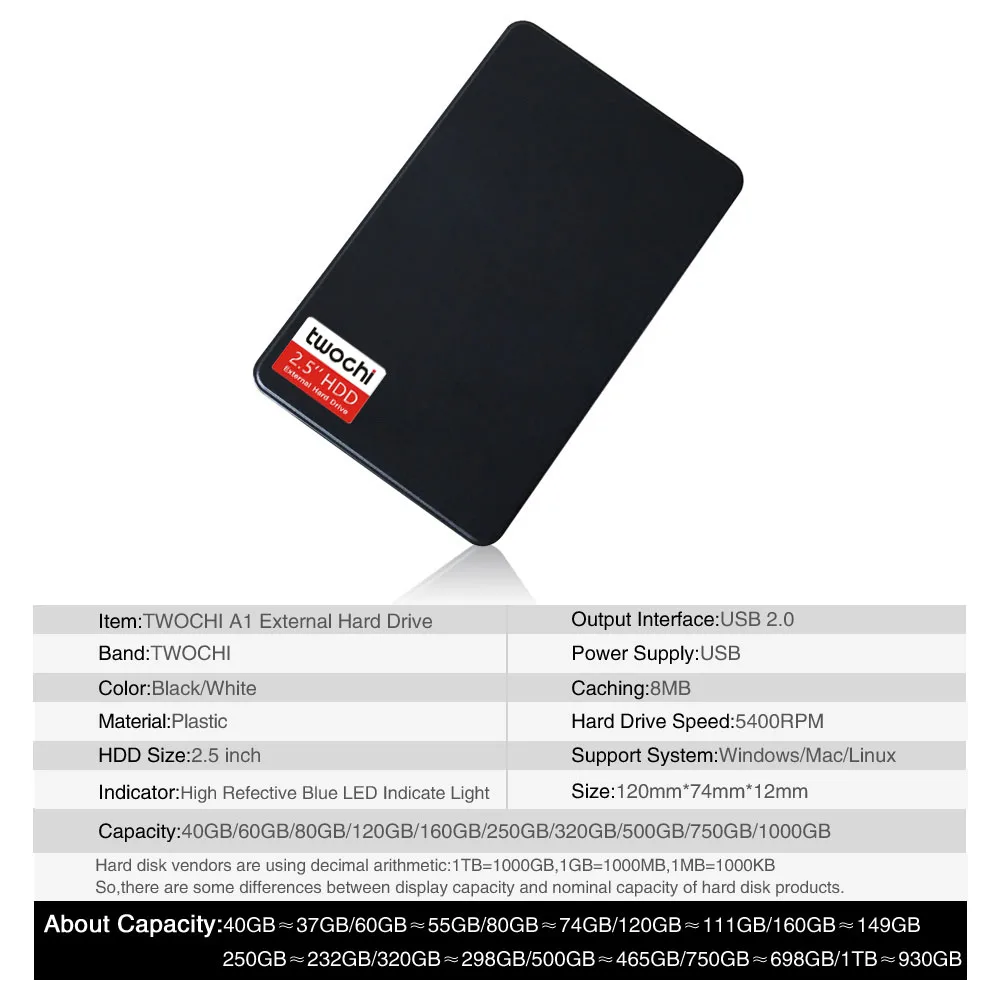 New Styles TWOCHI A1 Original 2.5'' External Hard Drive 40GB USB2.0 Portable HDD Storage Disk Plug and Play On Sale