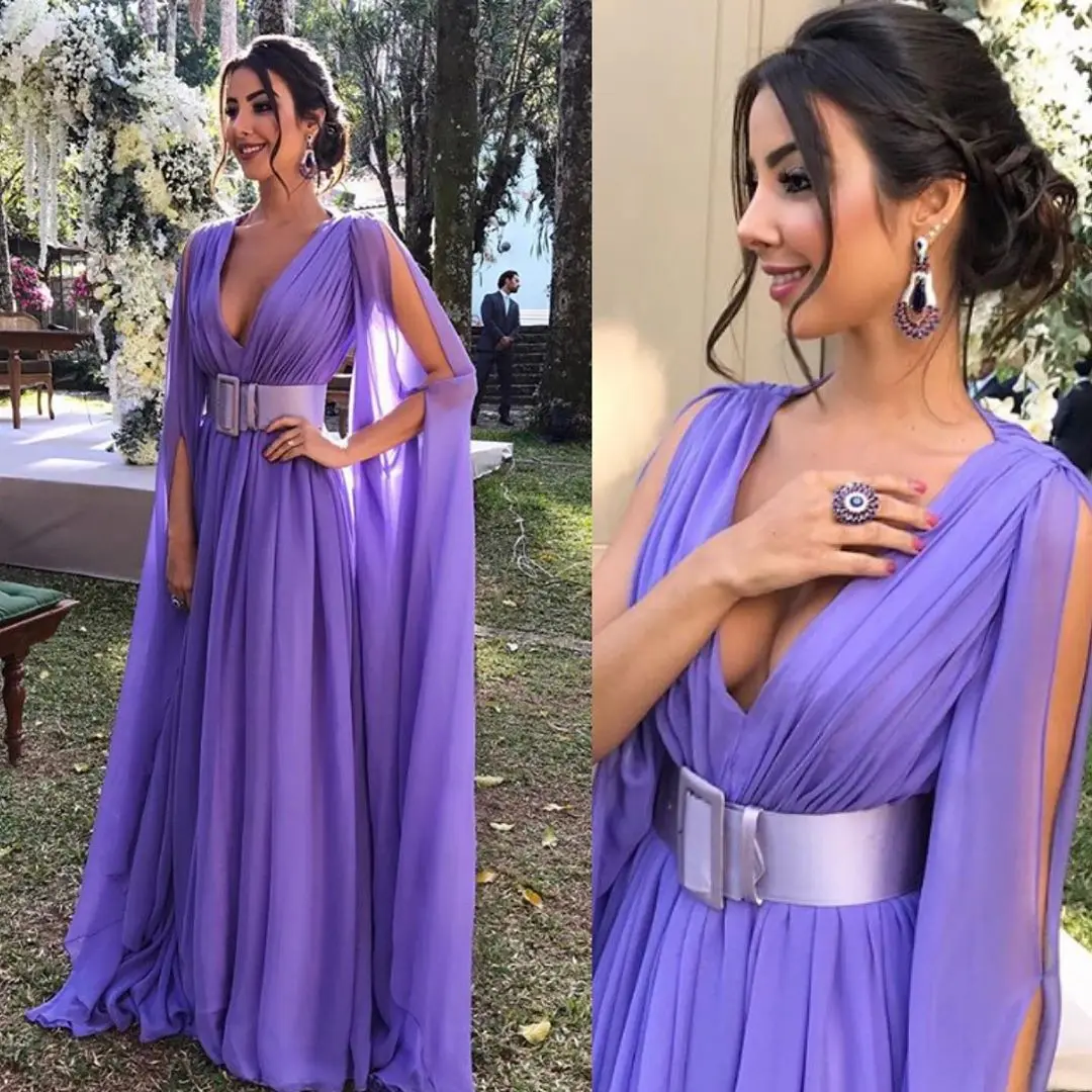 

Elegant Lavender Evening Dress A Line V Neck Chiffon Cape Floor Length Plus Size Formal Occasion Dresses Long Party Gowns