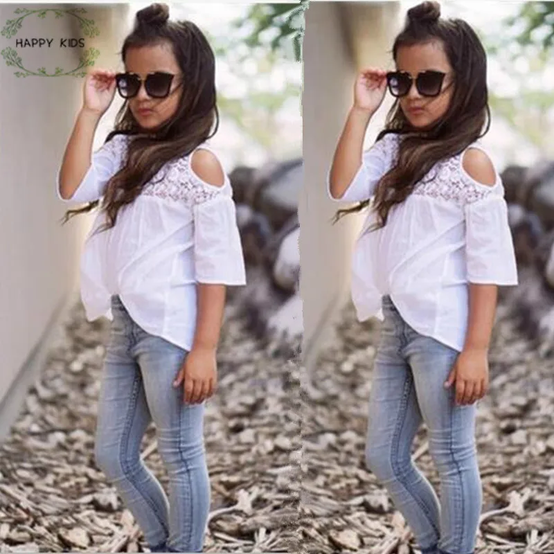 

2019 Fashion Baby Girl Clothes Set Girl's 2 pieces hollow white spring half Sleeve T-Shirt + hole Jeans Kids Clothing Set DTZ364