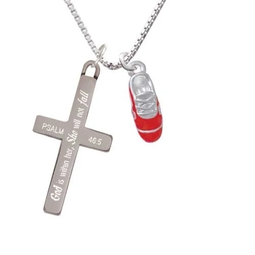 3-D Red Running Shoe - She will not Fall - Cross Necklace (1)