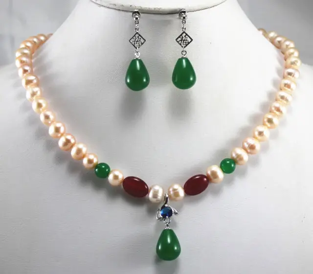 

Fast shipping +Charming 8mm Pink Green Pearl/Jade Necklace Earring Pendant Jewelry Set (A0516)