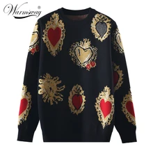 Vintag High Quality Christmas Knitted Sweater Autumn Winter Pullover Gem Heart Lurex Jacquard Knitwear Korean Loose Jumper C-428