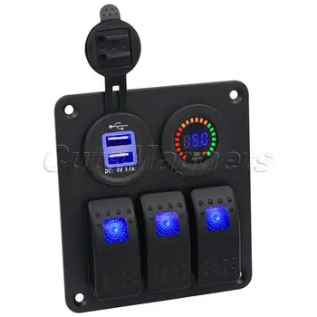 

mtsooning 3 Gang Blue Rocker Switch Panel With DC 12V Voltmeter Power Charger Socket for Marine Boat Car RV Double USB 3.1A