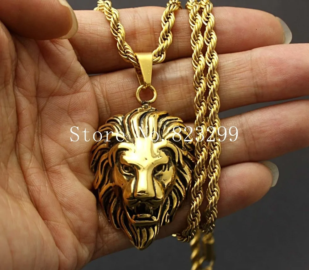Amazing New Mens 316L Stainless Steel Lion Head Pendant Gold Rope Chain