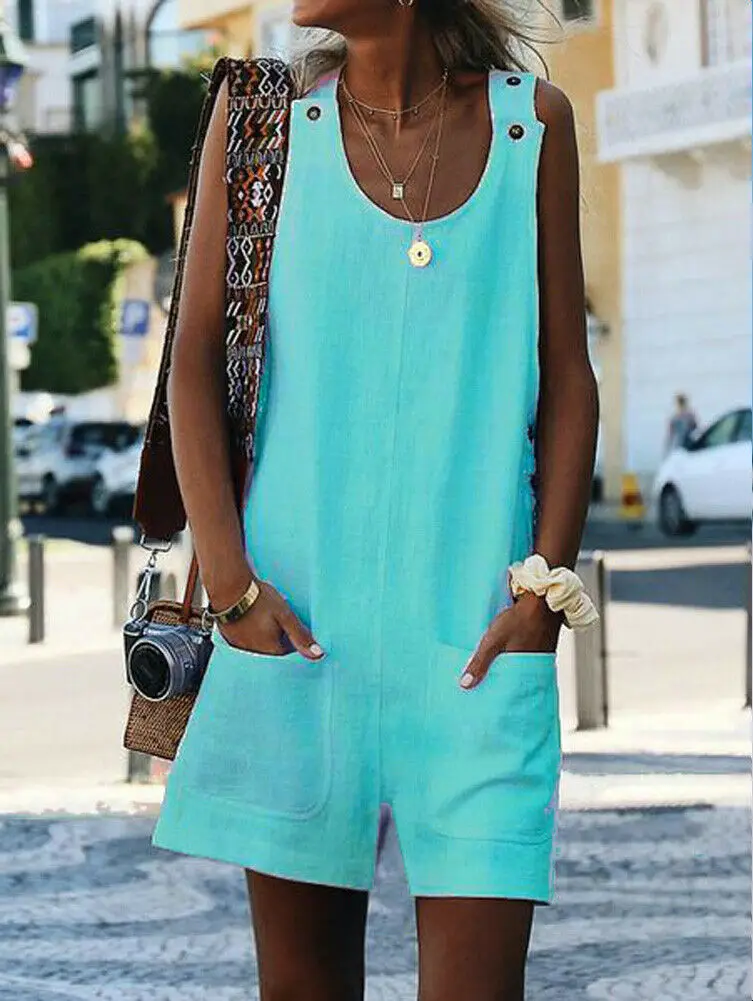 

2019 Women Bodysuit Dungarees Linen Harem O-Neck Sleeveless Strap Pockets Solid Loose Jumpsuit Baggy Overall Casual Playsuit Hot