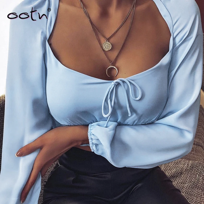 

OOTN Lace Up Crop Top Blouse Women Summer Shirt Sexy Backless Long Sleeve Black Tunic Blue Blouses Square Collar Female Top