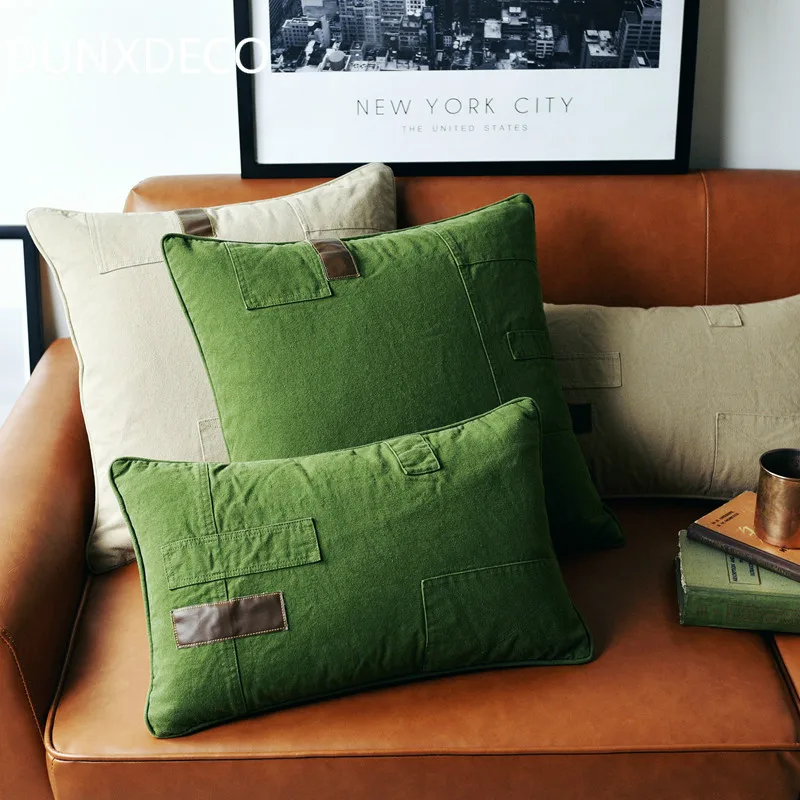 

DUNXDECO Cushion Cover Vintage Square Pillow Case Industry Plain Green Ivory Patchwork Simple Throw Housse de coussin Sofa Deco