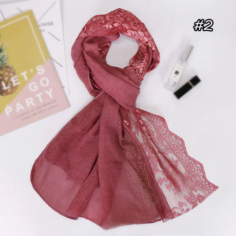

New Muslim scarf in spring, high quality tie-dyed cotton tape, water drill lace female scarf, popular VS121