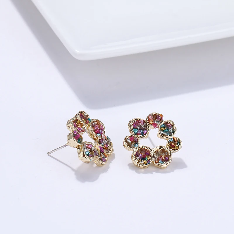 Yhpup Trendy Korean Flower Geometric Stud Earrings Natural Colorful Crushed Stone S925 Brincos for Girl Women Party Jewelry Gift