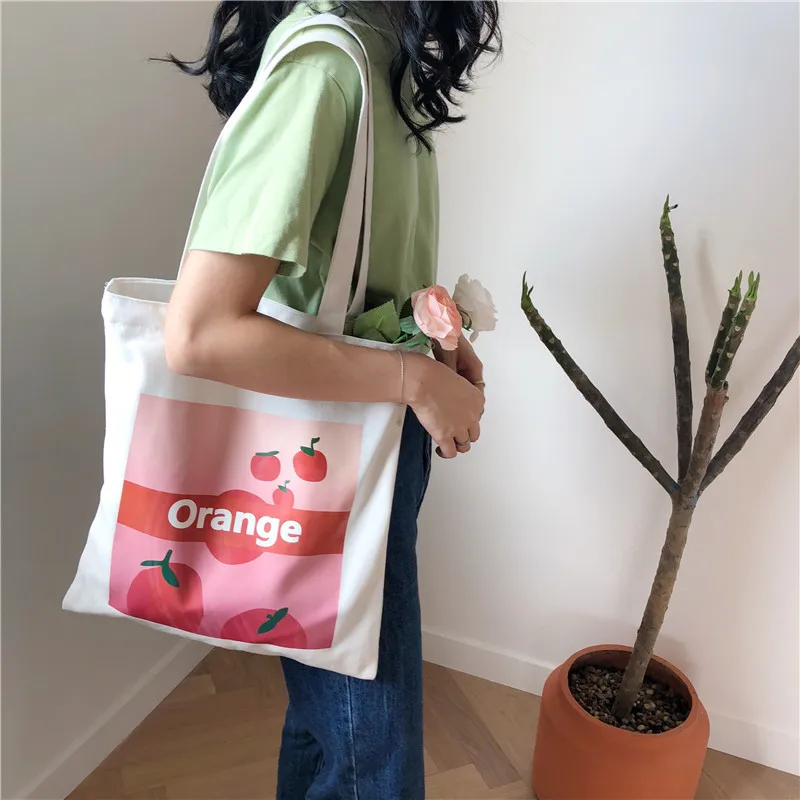 

Women Canvas Shoulder Bag Orange Fruit Printing Female Eco Environmental Shopping Bag Ladies' Cotton Cloth Handbag Zipper Tote