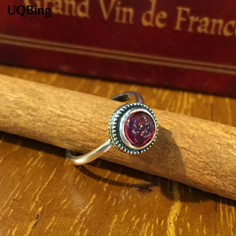 

925 Sterling Silver Retro Rings Red Stone Open Rings Jewelry anillo de plata anello