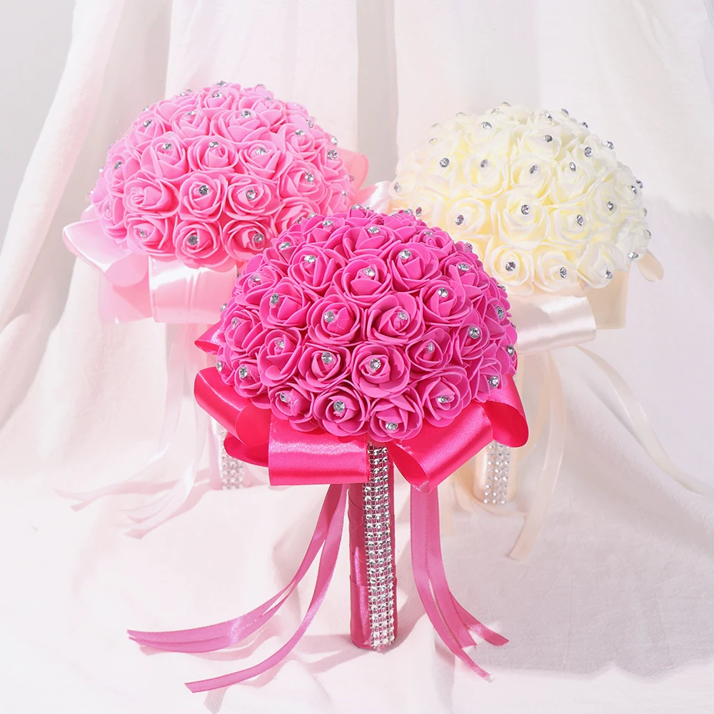 

2019 Beautiful Bridal Bridesmaid Flower Wedding Bouquet Artificial Flower Rose Bouquet Crystal Bridal Bouquet for Wedding Party