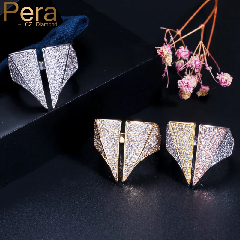 

Pera High Quality Sparkling Cubic Zirconia Adjustable Size Jewelry Big Triangle Finger Rings for Women Anniversary Party R101