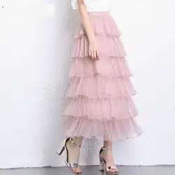 2019 элегантная кружевная Тюлевая многослойная юбка Женская корейская мода с высокой талией длинная юбка макси женская розовая сетчатая