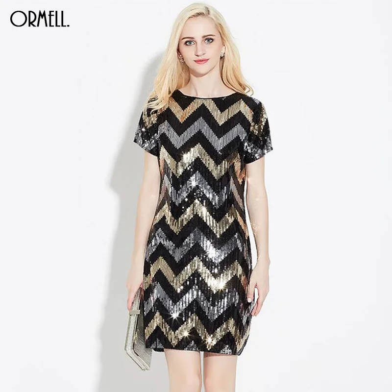 

ORMELL Women Geometric Pattern Glitter Dress Short Sleeve O Neck Dresses Ladies Summer Retro Straight Mini Party Dress