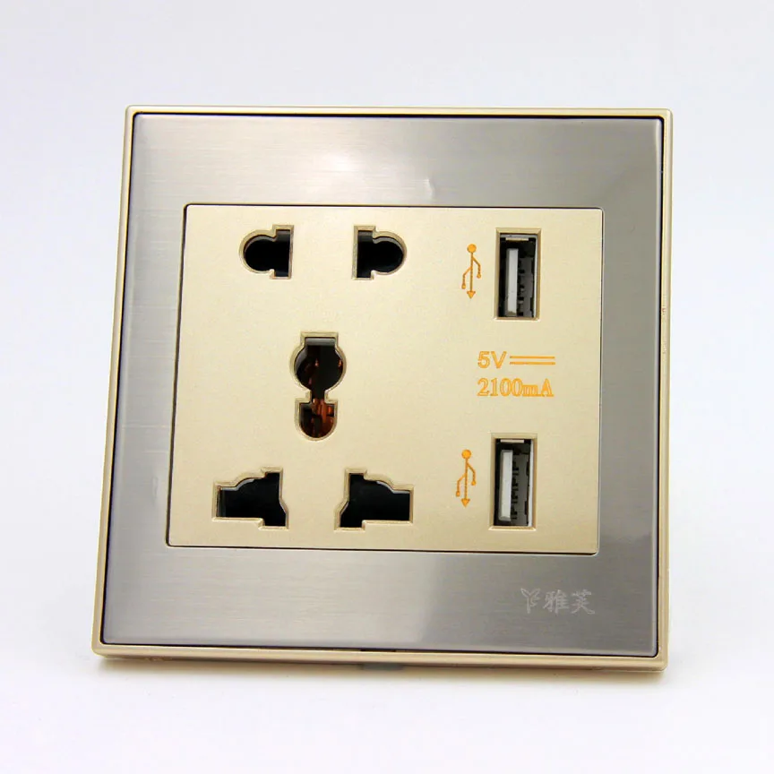 

Champagne Gold Wire USB Socket Wall Multifunction Five Hole Dual USB Socket USB Charging Switch Socket Panel