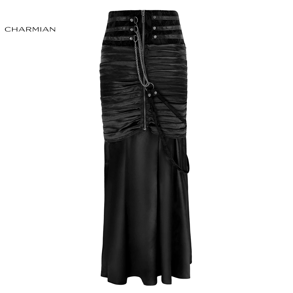 Charmian Женская юбка макси в стиле стимпанк, ретро Готическая длинная юбка с высокой талией, сексуальные черные коричневые атласные винтажные вечерние юбки с цепочками