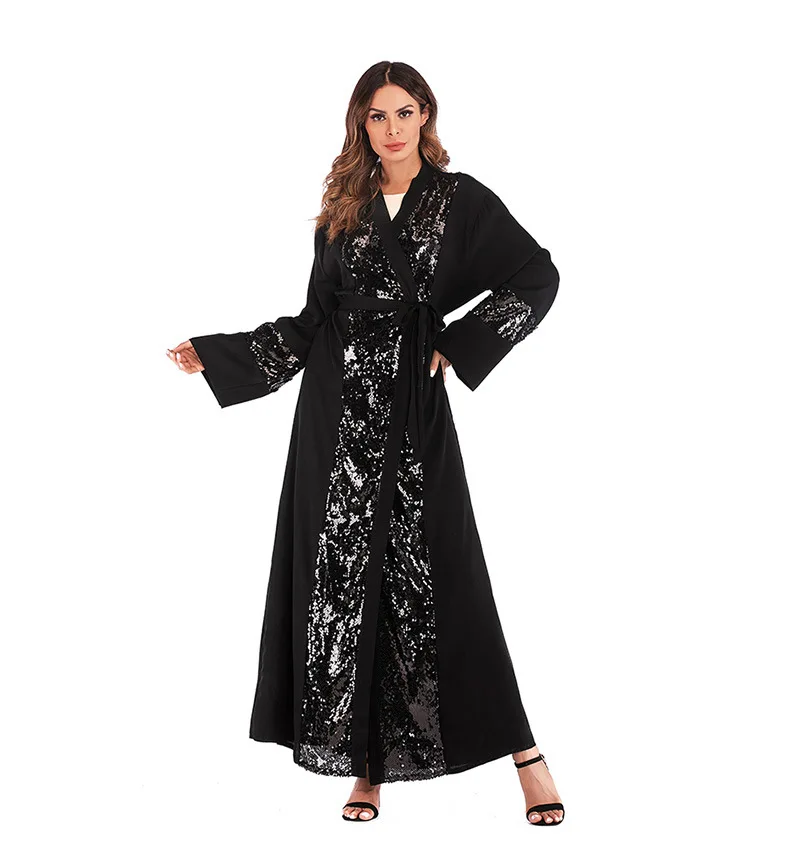 Черные блестки Турецкая абайа платье-кафтан в Дубайский мусульманский одежда