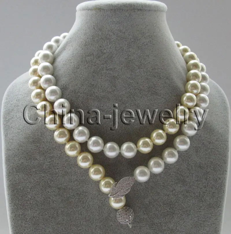 

FREE SHIPPING HOT sell new Style >>>> 32" 12mm white + yellow perfect round south sea shell pearl necklace - GP clasp