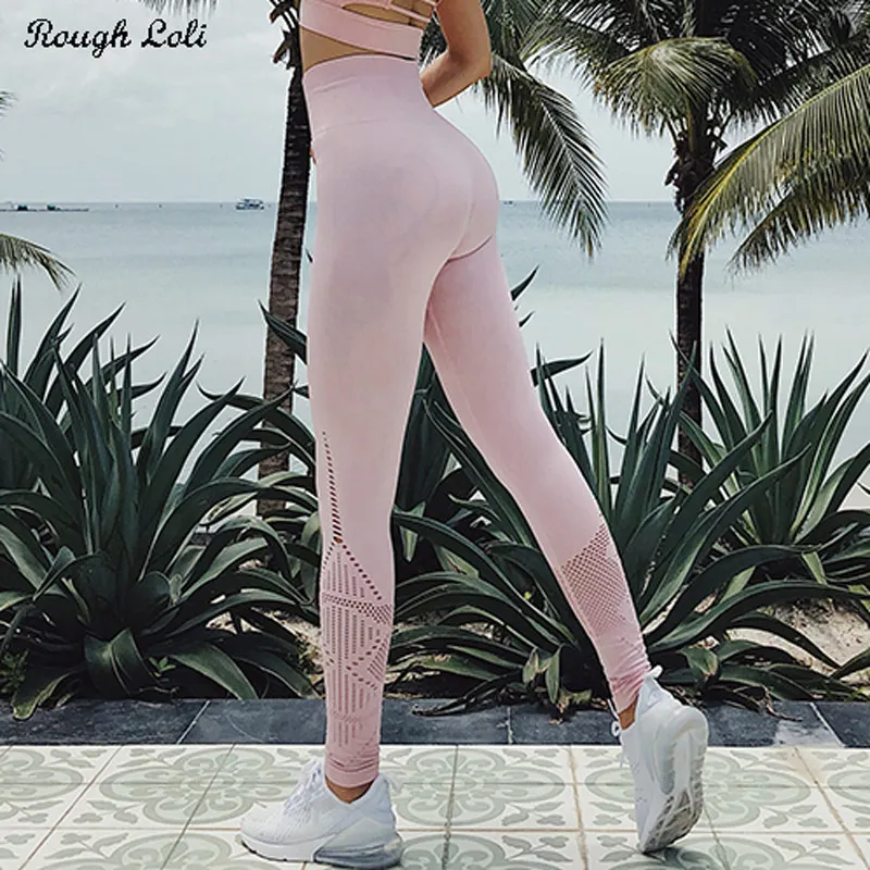 

Rough Loli Pink Seamless Leggings Women Hollow out Yoga Pants scrunch butt leggings Sport Fitness Tights Workout Gym Leggings